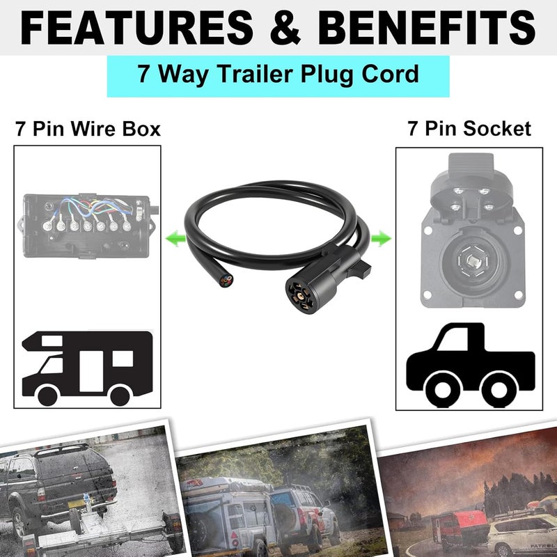 CXTM 7 Way Trailer Cord,4FT Heavy Duty 7 Way Trailer Plug Inline Cord Wire Harness Cable Double Prongs Connector 7 pin Trailer Wiring Harness 4 Feet for Camper Blade Molded RV Cable Wire(4ft) - Image 2